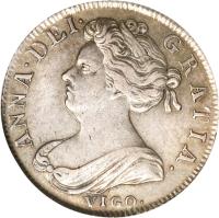 obverse of 1 Shilling - Anne (1702) coin with SP# 3585 from England. Inscription: ANNA · DEI · GRATIA · VIGO ·