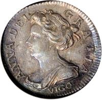 obverse of 6 Pence - Anne (1703 - 1707) coin with SP# 3590 from England. Inscription: ANNA · DEI · GRATIA · VIGO ·