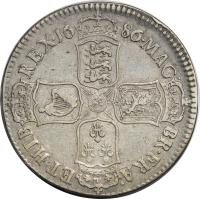 reverse of 1/2 Crown - James II (1685 - 1687) coin with SP# 3408 from England. Inscription: MAG · BR · FRA · ET · HIB REX · 16 86 ·