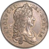 obverse of 1 Shilling - Charles II (1663 - 1669) coin with SP# 3371 from England. Inscription: CAROLVS · II · DEI · GRATIA