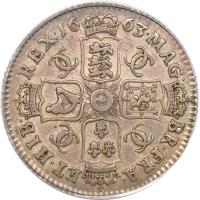 reverse of 1 Shilling - Charles II (1663 - 1669) coin with SP# 3371 from England. Inscription: MAG · BR · FRA · ET · HIB REX · 16 63 ·