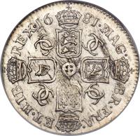 reverse of 6 Pence - Charles II (1674 - 1684) coin with SP# 3382 from England. Inscription: MAG · · BR · FRA · ET · HIB REX · 16 81 ·