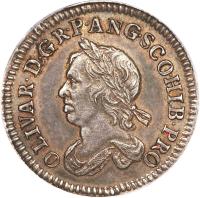 obverse of 6 Pence - Cromwell (1658) coin with KM# E207 from England. Inscription: OLIVAR · D · G R · P · ANG · SCO · HIB · PRO