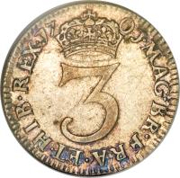 reverse of 3 Pence - William III - Maundy Coinage (1698 - 1701) coin with SP# 3550 from England. Inscription: MAG · BRI · FR · ET · HIB · REX · 17 01 · 3