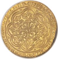 reverse of 1 Noble - Edward III - Pre-Treaty Coinage (1356 - 1361) coin with SP# 1490 from England. Inscription: DOMINE NE FURORE TUO ARGUAS ME