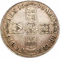 reverse of 1 Crown - William III (1696) coin with SP# 3472 from England.