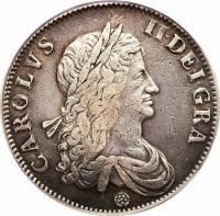 obverse of 1 Crown - Charles II - 1'st Portrait (1662) coin with SP# 3350 from England.