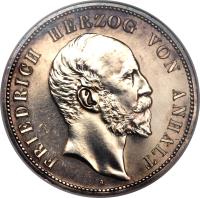 obverse of 5 Mark - Friedrich I - Silver Jubilee (1896) coin with KM# 24 from German States. Inscription: FRIEDRICH HERZOG VON ANHALT A