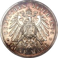 reverse of 5 Mark - Friedrich I - Silver Jubilee (1896) coin with KM# 24 from German States. Inscription: DEUTSCHES REICH 1896 * FÜNF MARK *