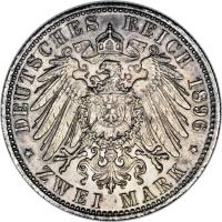 reverse of 2 Mark - Friedrich I - Reign (1896) coin with KM# 23 from German States. Inscription: DEUTSCHES REICH 1896 * ZWEI MARK *