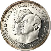 obverse of 5 Mark - Friedrich II - Silver Wedding (1901 - 1914) coin with KM# 31 from German States. Inscription: FRIEDRICH II · MARIE · HERZOG UND HERZOGIN VON ANHALT 1889 - 1914 .A.