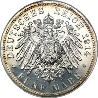 reverse of 5 Mark - Friedrich II - Silver Wedding (1901 - 1914) coin with KM# 31 from German States. Inscription: DEUTSCHES REICH 1914 * FÜNF MARK *