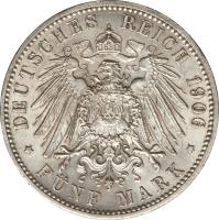 reverse of 5 Mark - Friedrich I - Wedding Anniversary (1906) coin with KM# 277 from German States. Inscription: DEUTSCHES REICH 1906 * FÜNF MARK *