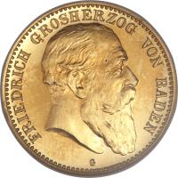 obverse of 10 Mark - Friedrich I (1902 - 1907) coin with KM# 275 from German States. Inscription: FRIEDRICH GROSHERZOG VON BADEN G