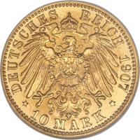 reverse of 10 Mark - Friedrich I (1902 - 1907) coin with KM# 275 from German States. Inscription: DEUTSCHES REICH 1907 * 10 MARK *