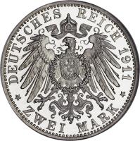 reverse of 2 Mark - Friedrich II (1911 - 1913) coin with KM# 283 from German States. Inscription: DEUTSCHES REICH 1911 * ZWEI MARK *