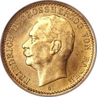 obverse of 10 Mark - Friedrich II (1909 - 1913) coin with KM# 282 from German States. Inscription: FRIEDRICH II GROSHERZOG VON BADEN G