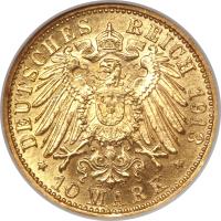 reverse of 10 Mark - Friedrich II (1909 - 1913) coin with KM# 282 from German States. Inscription: DEUTSCHES REICH 1913 * 10 MARK *