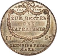 reverse of 1 Conventionsthaler - Franz Ludwig (1795) coin with KM# 146 from German States. Inscription: BAM BERG. ZUM BESTEN DES VATERLANDS 17 95. ZEHN EINE FEINE MARK.