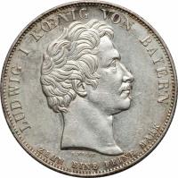 obverse of 1 Thaler - Ludwig I - First steam railway (1835) coin with KM# 779 from German States. Inscription: LUDWIG I KÖNIG VON BAYERN C.VOIGT ZEHN EINE FEINE MARK