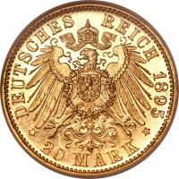 reverse of 20 Mark - Otto (1895 - 1913) coin with KM# 920 from German States. Inscription: DEUTSCHES REICH 1895 * 20 MARK *