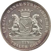 obverse of 1 Thaler - 2nd German Shooting Festival (1865) coin with KM# 248 from German States. Inscription: FREIE HANSESTADT BREMEN EIN THALER GOLD