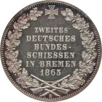 reverse of 1 Thaler - 2nd German Shooting Festival (1865) coin with KM# 248 from German States. Inscription: ZWEITES DEUTSCHES BUNDES- SCHIESSEN IN BREMEN 1865 B