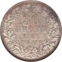 reverse of 36 Grote (1859 - 1864) coin with KM# 243 from German States. Inscription: 36 GROTE 1864 15 L.14 G.