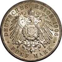 reverse of 5 Mark (1906) coin with KM# 251 from German States. Inscription: DEUTSCHES REICH 1906 * FÜNF MARK *