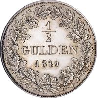 reverse of 1/2 Gulden (1842 - 1849) coin with KM# 330 from German States. Inscription: 1/2 GULDEN 1849