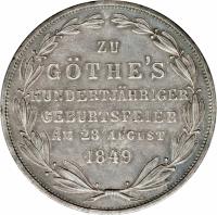 reverse of 2 Gulden - Goethe Centennial (1849) coin with KM# 343 from German States. Inscription: ZU GOTH'S HUNDERTJAHRIGER GEBURTSFEIER AM 28 AUGUST 1849