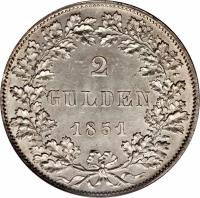 reverse of 2 Gulden (1845 - 1856) coin with KM# 333 from German States. Inscription: 2 GULDEN 1846