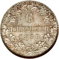 reverse of 6 Kreuzer (1866) coin with KM# 374 from German States. Inscription: 6 KREUZER 1866