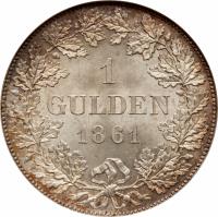 reverse of 1 Gulden (1859 - 1861) coin with KM# 358 from German States. Inscription: 1 GULDEN 1861