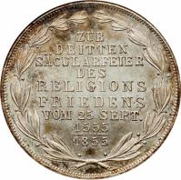 reverse of 2 Gulden - Religious Peace (1855) coin with KM# 353 from German States. Inscription: ZUR DRITTEN SACULARFEIER DES RELIGIONS FRIEDENS VOM 25 SEPT. 1555 1855