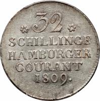 reverse of 32 Schillinge Courant (1809) coin with KM# 537 from German States. Inscription: 32 SCHILLINGE HAMBURGER COURANT 1809.