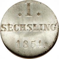 reverse of 1 Sechsling (1851) coin with KM# 572 from German States. Inscription: * I * SECHSLING 1851.