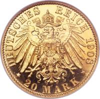 reverse of 20 Mark - Ernst Ludwig (1905 - 1911) coin with KM# 374 from German States. Inscription: DEUTSCHES REICH 1908 * 20 MARK *