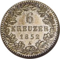 reverse of 6 Kreuzer - Friedrich Wilhelm IV (1852) coin with KM# 3 from German States. Inscription: 6 KREUTZER 1852 A