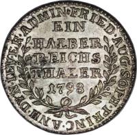 reverse of 1/2 Reichsthaler - Friederike Auguste Sophie (1798) coin with KM# 109 from German States. Inscription: FRIED · AUG · SOPH · PRINC · ANH · DYN · IEVER · ADMIN EIN HALBER REICHS THALER 1798