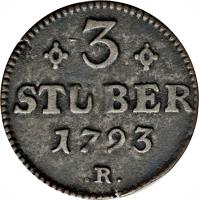 reverse of 3 Stüber - Carl Theodor (1792 - 1794) coin with KM# 216 from German States. Inscription: 3 STUBER 1792 P.R.