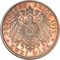 reverse of 2 Mark (1904 - 1912) coin with KM# 212 from German States. Inscription: DEUTSCHES REICH 1911 * ZWEI MARK *