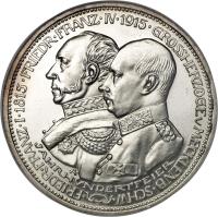 obverse of 3 Mark - Friedrich Franz IV - Grand Duchy (1915) coin with KM# 340 from German States. Inscription: · FRIEDR · FRANZ · I · 1815 · FRIEDER · FRANZ · IV · 1915 · GROSSHERZOGEvMECKLENB · SCHW · · A · JAHRHVNDERTFEIER