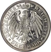 reverse of 3 Mark - Friedrich Franz IV - Grand Duchy (1915) coin with KM# 340 from German States. Inscription: DEUTSCHES REICH 1915 DREI MARK