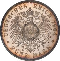 reverse of 5 Mark - Friedrich Franz IV - Wedding (1904) coin with KM# 334 from German States. Inscription: DEUTSCHES REICH 1904 FÜNF MARK