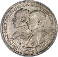 obverse of 5 Mark - Friedrich Franz IV - Grand Duchy (1915) coin with KM# 341 from German States. Inscription: · FRIEDR · FRANZ · I · 1815 · FRIEDER · FRANZ · IV · 1915 · GROSSHERZOGEvMECKLENB · SCHW · · A · JAHRHVNDERTFEIER