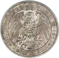 reverse of 5 Mark - Friedrich Franz IV - Grand Duchy (1915) coin with KM# 341 from German States. Inscription: DEUTSCHES REICH 1915 FÜNF MARK