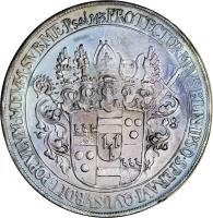 obverse of 1 Thaler (1661) coin with KM# 75 from German States. Inscription: Psal 143 PROTECTOR.MEUS.ET.IN.IPSO.SPERAVI.QVI.SUBDIT.POPULUM.MEUM.SVB.ME.