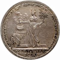 reverse of 1 Conventionsthaler - Franz (1763) coin with KM# 339 from German States. Inscription: PAIX D'HUBERTUSBURG BENEDICTUS DOMINUS QUI DEDIT PACEM IN FINIBUS NOSTRIS X.St.E.F.MARK 1763 S.F.