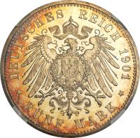 reverse of 5 Mark - Friedrich August (1900 - 1901) coin with KM# 203 from German States. Inscription: DEUTSCHES REICH 1901 * 5 Mark *